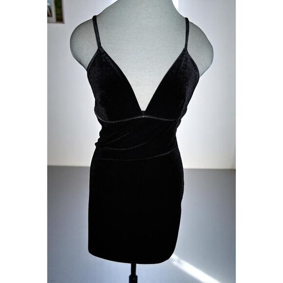 Rave Girl Black Velvet Rhinestone Trim Mini Dress – XS – Y2K Glam Party Style - Picture 3 of 11